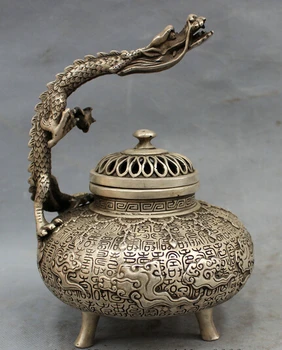 

wholesale factory 9" Chinese Silver Old Han Zi Shou Dragon Statue Buddhist Incense Burner Censer