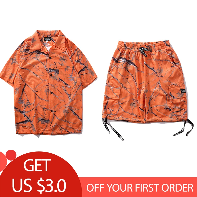 

SHINEGIN 2019 Summer tracksuit men set homme short sleeve shirt quick dry casual shorts vintage fashion hawaiian shirt 267S/266W