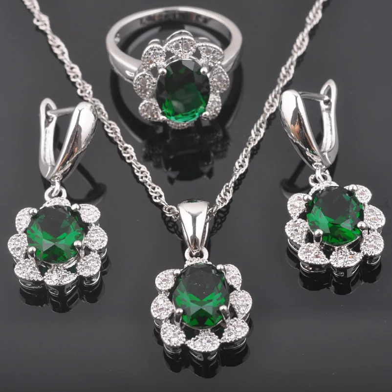 

2019 New Green Zirconia Flower Design For Women 925 Sterling Silver Jewelry Sets Necklace Pendant Earrings Ring QZ0401