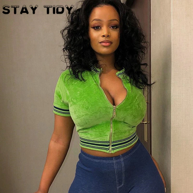 

STAY TIDY Velvet Striped Zipper Deep V Neck Crop Tops Summer Women Short Sleeve Slim T Shirts Female 2019 Casual Streetwear Tees