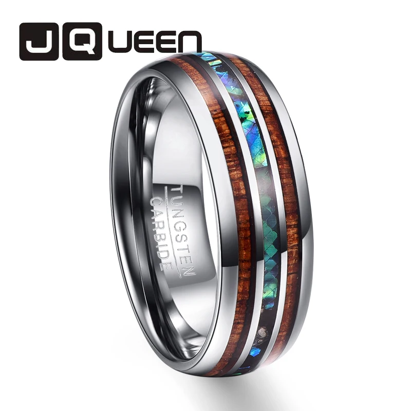 

Men's wedding brands rings fully polished acacia wood abalone shell tungsten steel ring T025R
