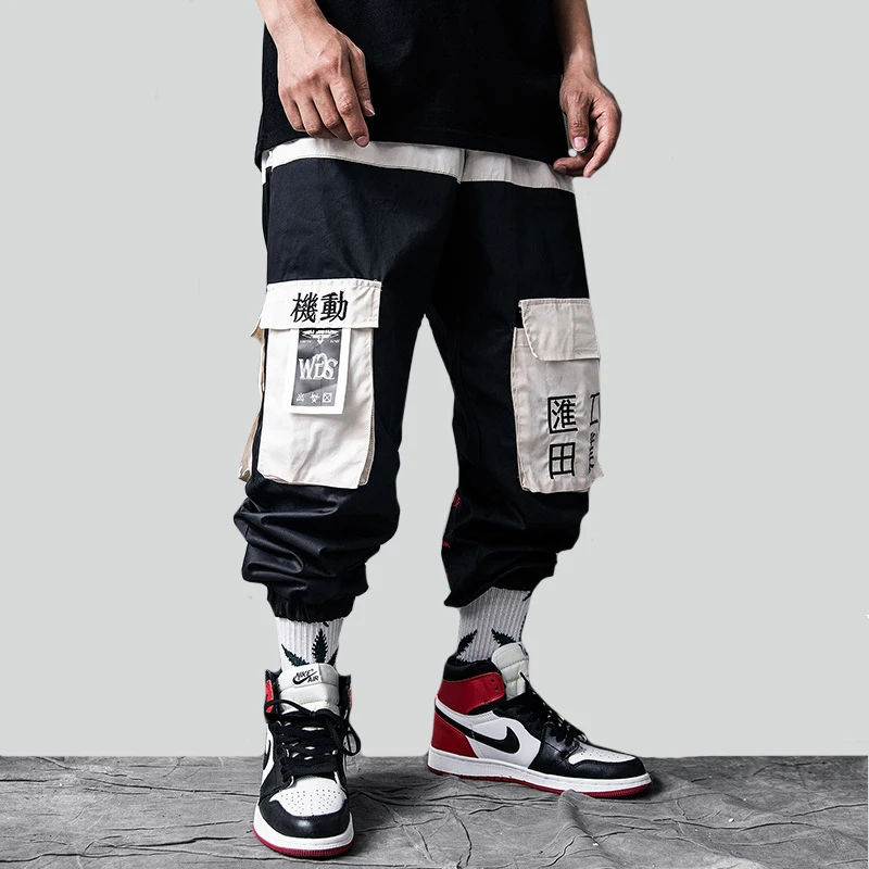 Hip Hop Cargo Pants Men Patchwork Pocket Trousers Elastic Waist Fahsion Harajuku Streetwear Joggers Male Pant US Size GY15