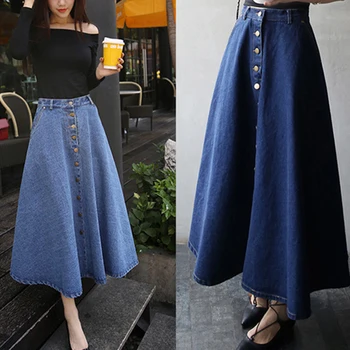 

Jeans Skirt High Waist Women Button Down Pleated Denim Skirts Plus Size Long Casual A Line Summer Cheap Sexy Girls Skirts