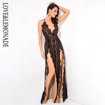 

LOVE & LEMONADE Black Deep V-Neck Open Back Cut Out Lace Maxi Dress LM81180