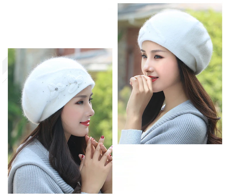 Women Beanie Knit Hat Angora Winter Warm Beret Double Layer Casual Soft Flower Stretchy Thermal Snow Outdoor Accessory (10)