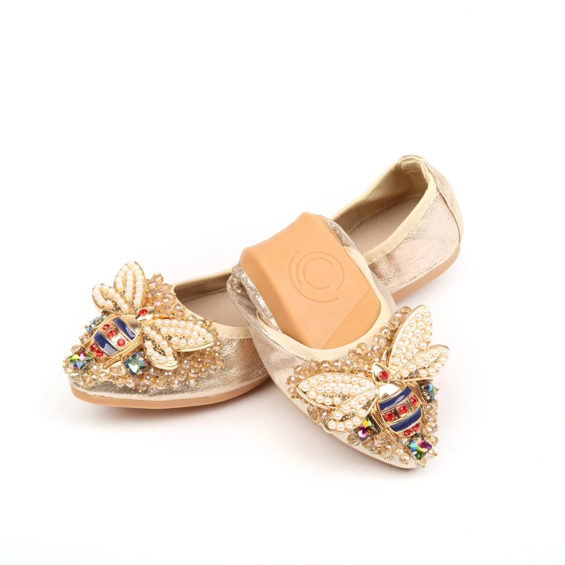 

Plus Size 35-45 Ladies Flat Shoes Fashion Bling Rhinestone Pearl Flats Casual Leather Ballet Flats Fold Up Womens Flat Shoes