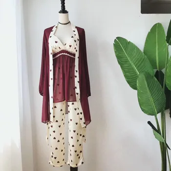 

New Spring Women Silk Pyjamas Sexy Perspective Lace Stitching Sling 3 Piece Set Sleepwear Home Suit Satin Nightwear