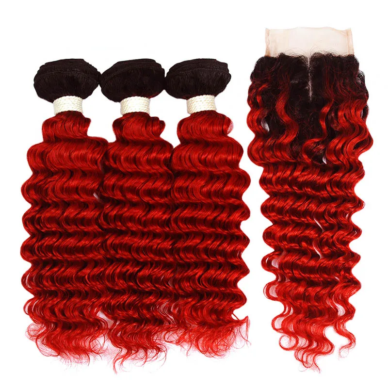 3 пучка и закрытие глубокая волна перуанские волосы Pinshair Non remy волосы бордовые пучки с закрытием Натуральные Рыжие волосы переплетения пучки - Цвет: T1B Red