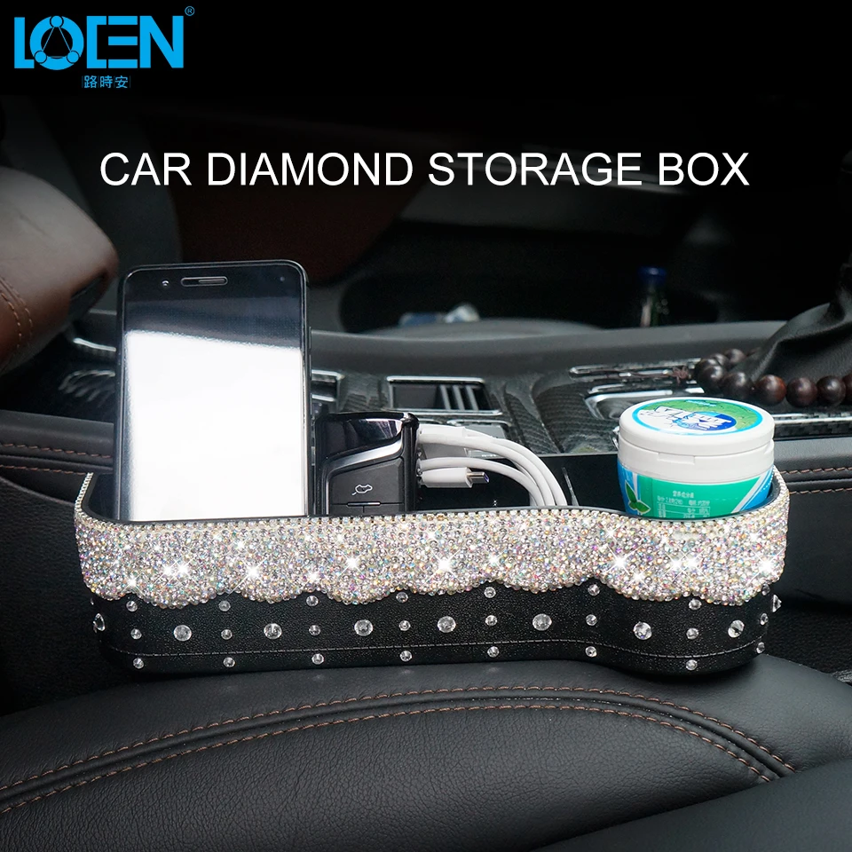

LOEN Luxury Car Rhinestones Organizer for Front Seat Side Gap Coin Cellphone Storage Black with Drink Holder for Men Women