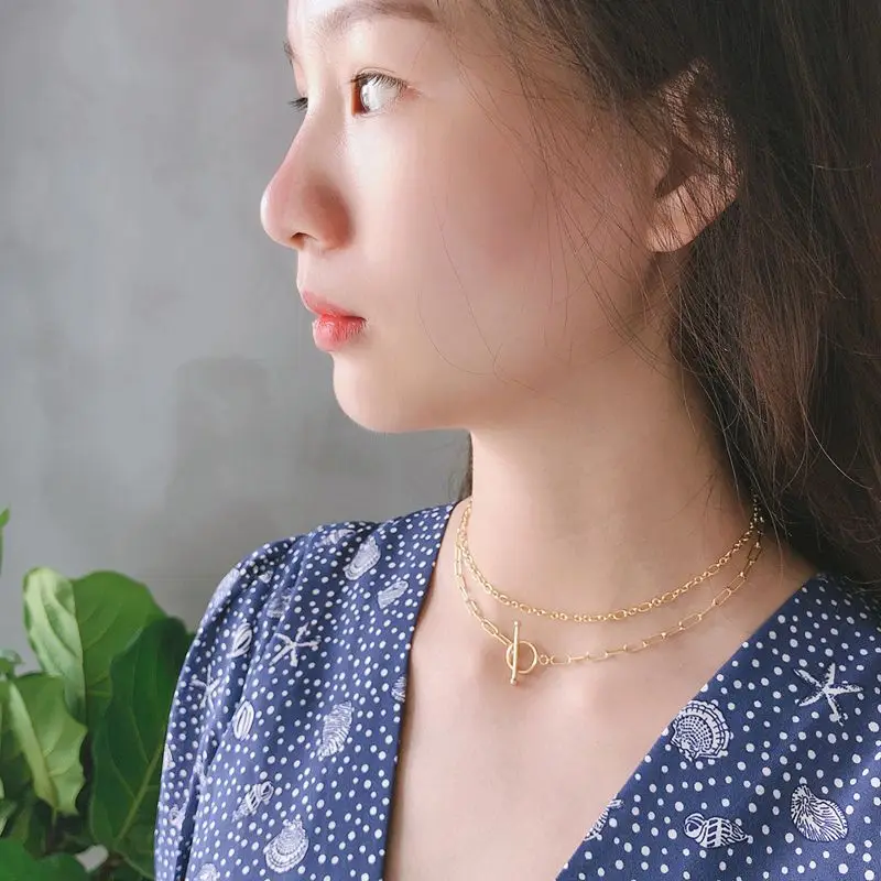 

Silvology 925 Sterling Silver T O Buckle Double Layer Chain Necklace Gold Creative Pendant Necklace for Women Elegant Jewelry