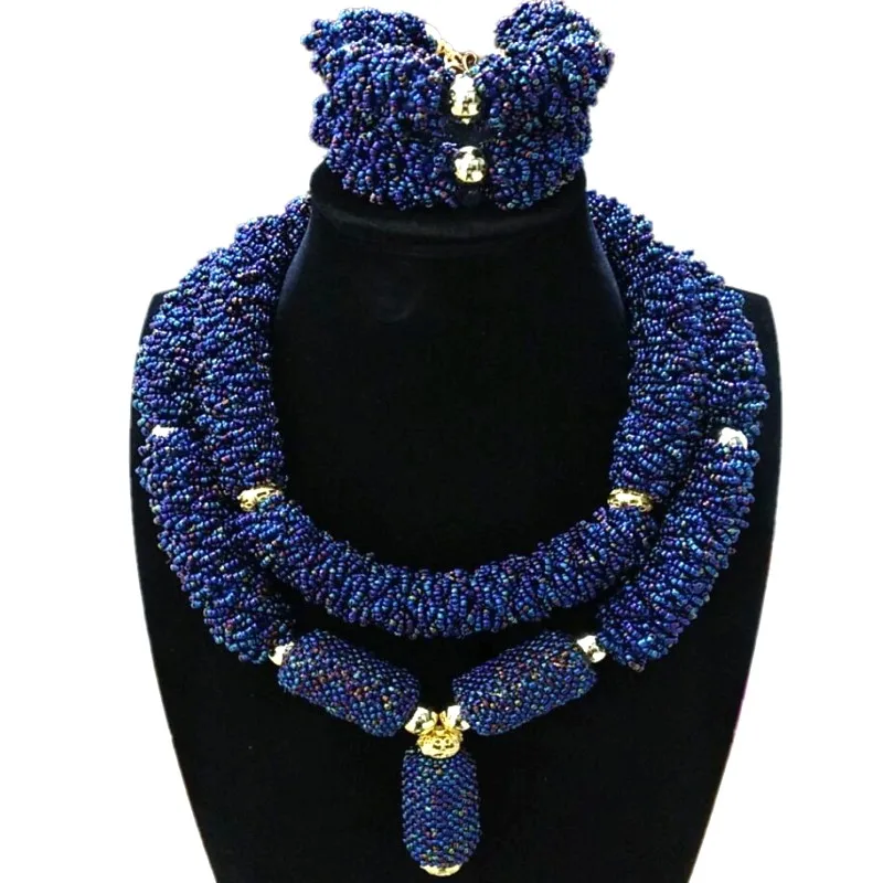 

Big African Beads Jewelry Set Dark Blue Bold Nigerian Jewellery Designers Set of Jewelry For Bride Women With Gold Balls 2018
