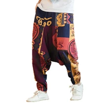 Летний для мужчин цветок брюки для девочек Принт Стиль хлопок белье мотобрюки мужские шаровары человек свободные китайски