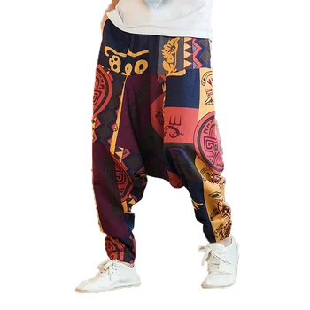

2019 New Summer Men's Flower Pants Men Print Style Cotton Linen Trousers Male Harem Pants Man Loose Chinese Style Beach Pants