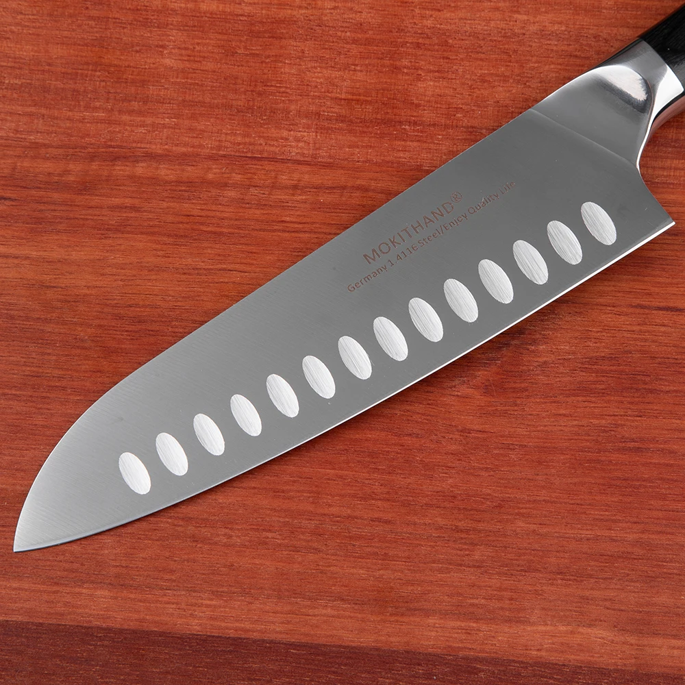 Ножи Mokithand, 7 дюймов, Santoku, высокоуглеродистые, Германия, 1,4116 сталь, профессиональный, японский, острый, поварской, кухонный нож с Pakka Wood