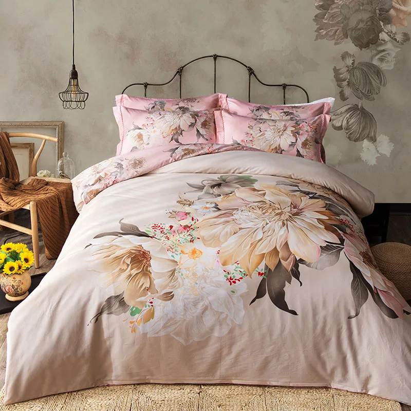 

Flowers and Leaves Watercolor Bedding Set Queen King Size Duvet Covers Flat Sheets with Pillowcase 100% Cotton Printed Bedlinen