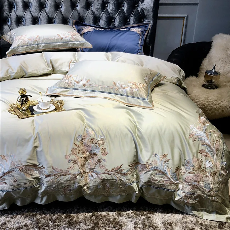 Sale Champagne Blue White Luxury Royal Embroidery 100S Egyptian Cotton Palace Bedding Set Duvet Cover Bed sheet/Linen Pillowcases 20