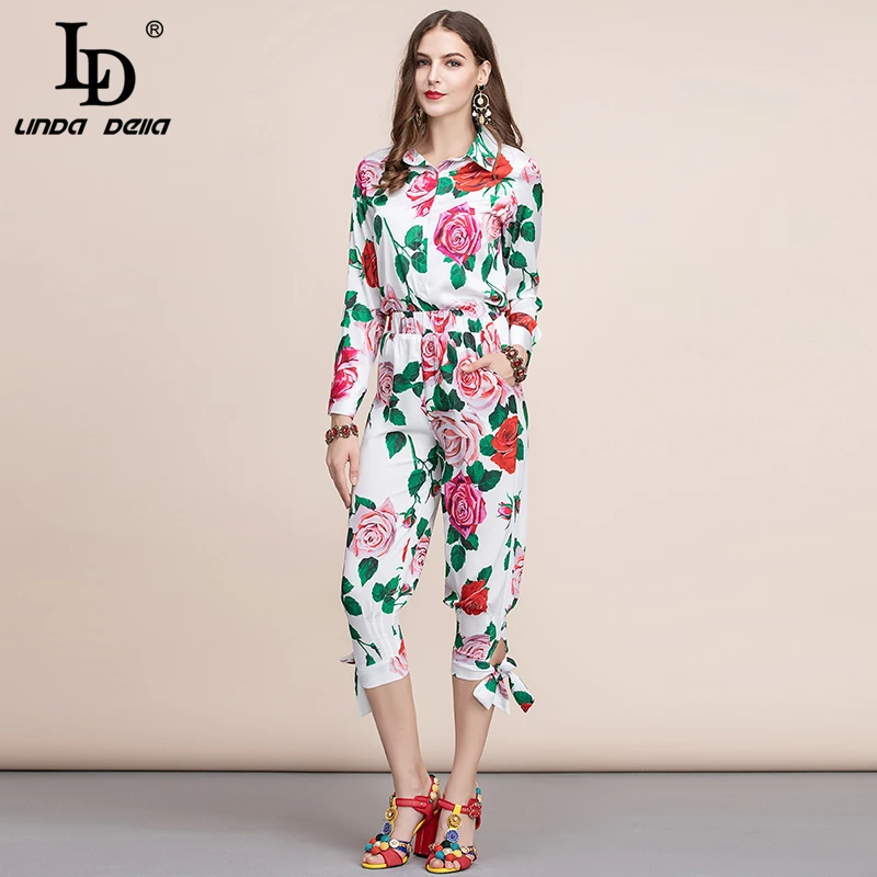 LD Linda della элегантное розовое Цветочный принт Для женщин костюмы модные дизайнерские блузки с длинным рукавом и Повседневное штаны комплекты из двух предметов