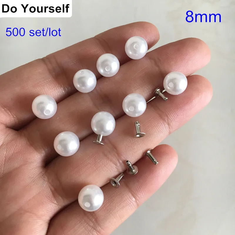 Free Shipping 500 sets Round White Pearl Rivet Studs 8mm Pearl Rivet