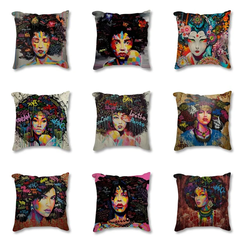 

HD Print African Abstract Portrait Cotton Linen Cushion Cover Afro Women Poster Throw Pillow Case Square Pillowcase for Sofa