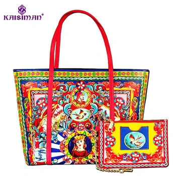 

Luxury Brand Vintage Print High Grade Leather Tote Bag Women Shopper Bag Ethnic Style Handbag Purse Lady Shoulder Crossbody Bags