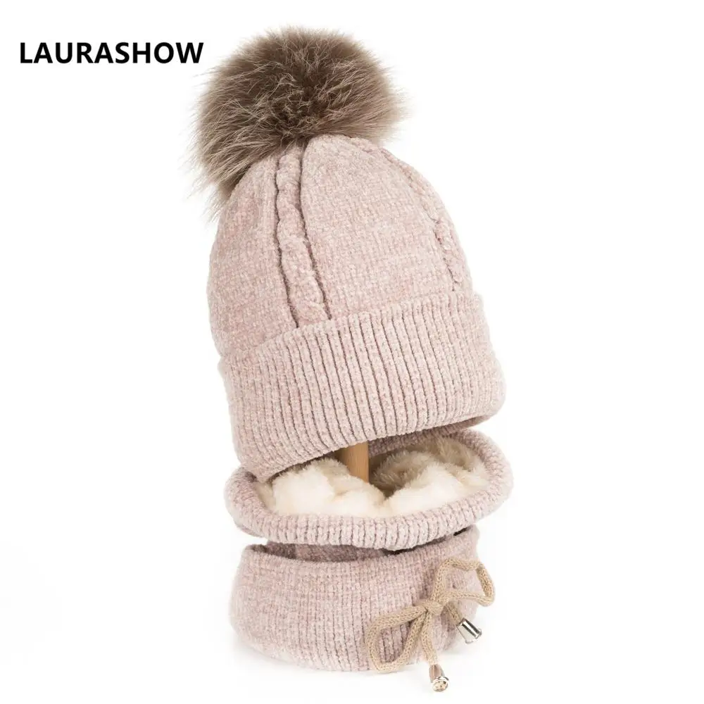dult Winter Cap with Scarf 13-14 cm Real Fox Fur Ball Pom Poms Hat Knitted Cap Hat Skullies Women Men Beanies