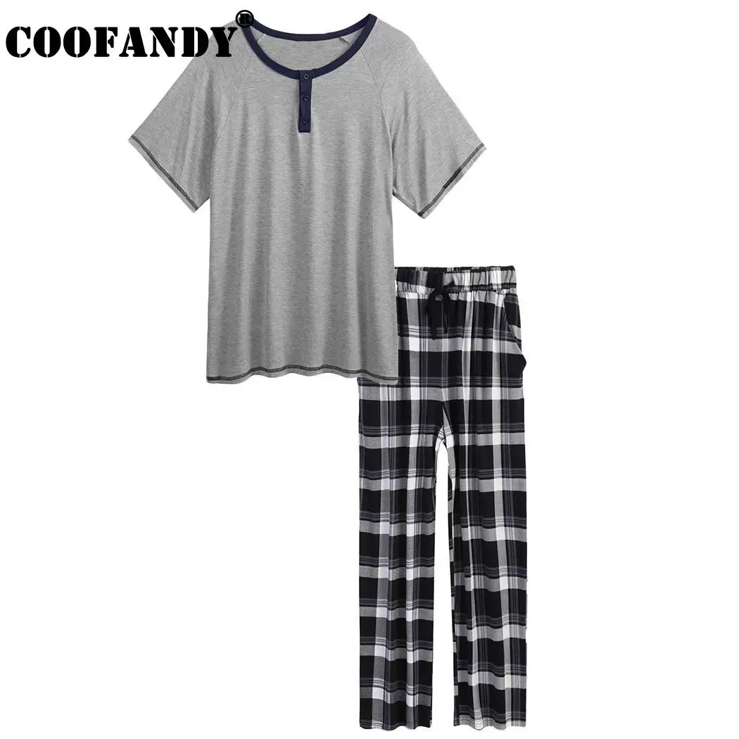 Top Short Sleeve Men Patchwork Soft With Long Pants Pajamas Setin Men