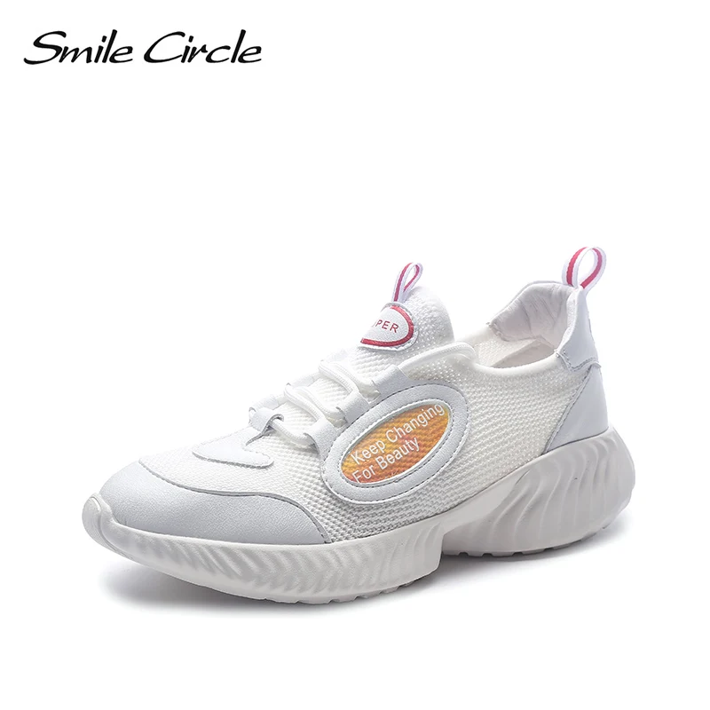 

Smile Circle kniting Lace-up Sneaker for women sneaker 2019 Spring Microfiber Fashion Breathable Casual flat Shoes women