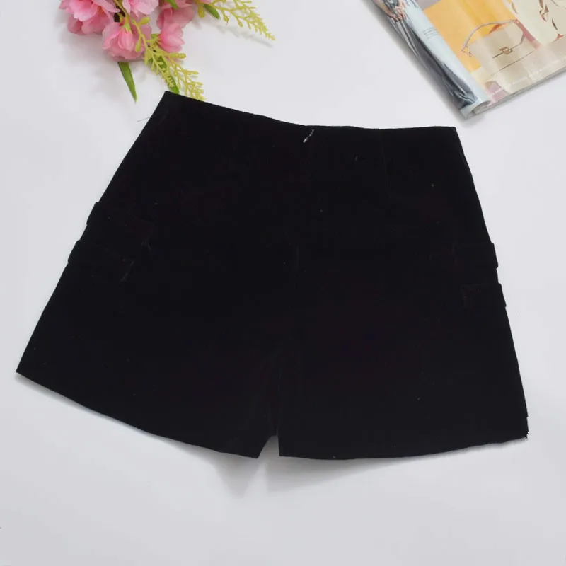Черные бархатные шорты женские двубортные повседневные с высокой талией А-силуэта широкие черные шорты женские осенние