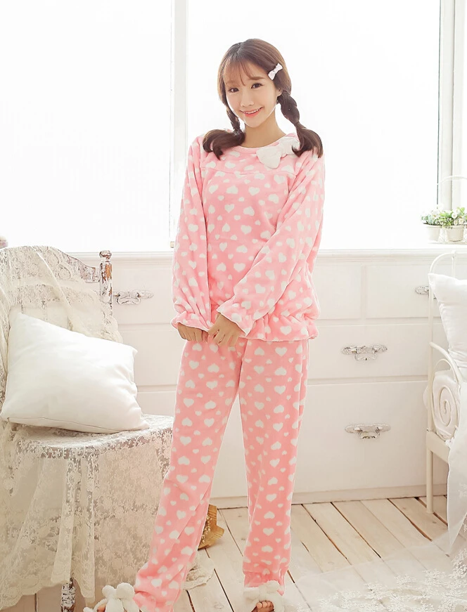 Lady Winter Warm Flannel Pajamas Top and Bottom Pink Pajamas White Dot