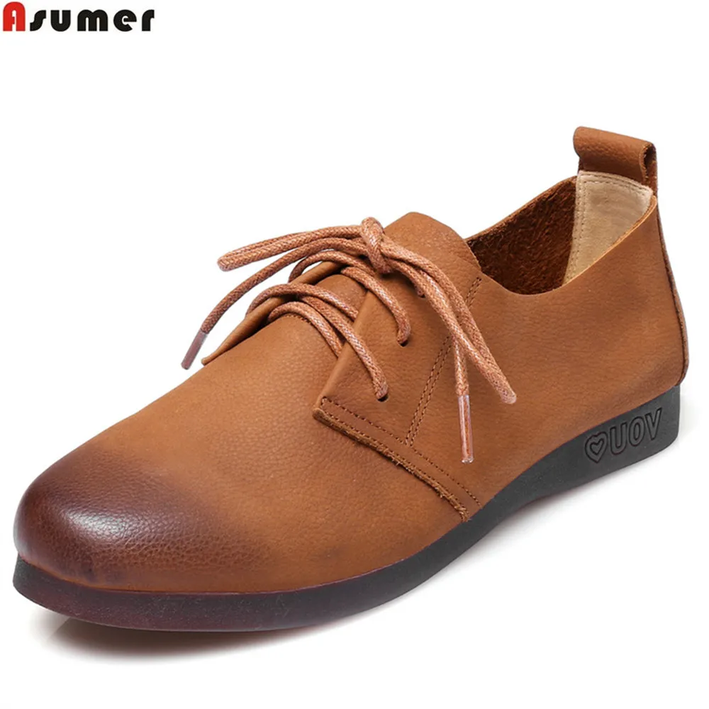 

Asumer black brown fashion spring autumn ladies flat shoes round toe casual lace up comfortable women genuine leather flats