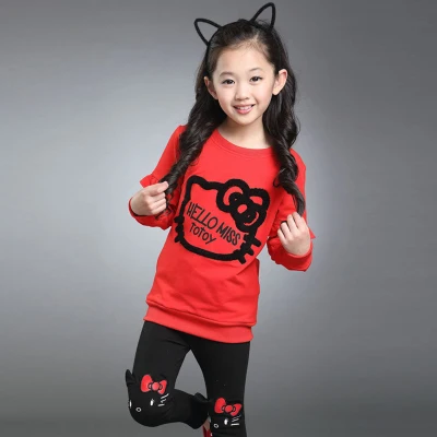 picture color Комплект одежды для девочек, рубашка с котом+ леггинсы, осенний костюм из 2 предметов для девочек, зимняя детская одежда, повседневная одежда для девочек-подростков 2, 4, 6, 8 лет - Цвет: picture color