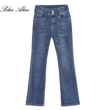 Новинка года, женские осенние расклешенные джинсы с высокой талией и пряжкой, джинсовые синие брюки-клеш для девочек, очень большие размеры 26-40