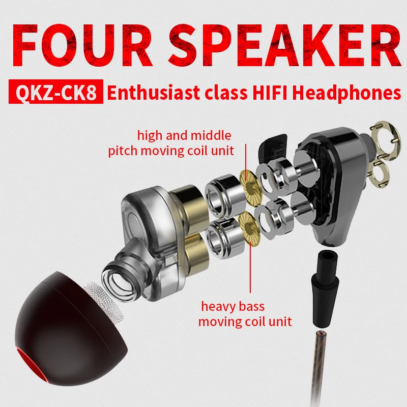 QKZ CK8 HiFi проводные наушники с двумя динамическими четырехъядерным динамиком 3,5 мм наушники-вкладыши гибкий кабель с микрофоном fone de ouvido