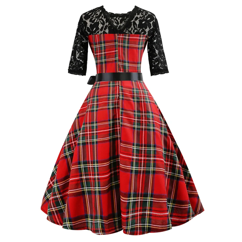 OTEN Tartan одежда для женщин с коротким рукавом кружево лоскутное красный плед gingham Винтаж рокабилли pin up Skater длина до колен Вечерние платья