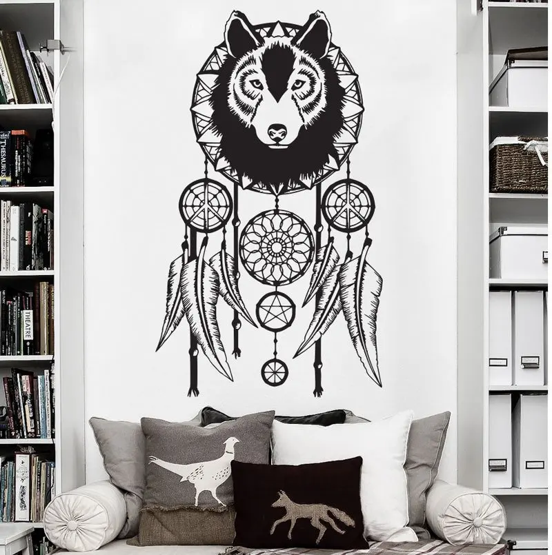 

Modern Bedroom Decoration Wolf Dreamcatcher Wall Sticker Vinyl Art Removable Poster Mural Dream Catcher Art Design Decor W564