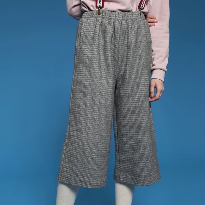 

Spring New Women Woolen Pant Capris Plaid Casual Thick Calf-length Grey Winter Preppy Style Wide Leg Pants