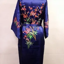 Темно-синий китайский женский шелковый халат банное платье ручной работы с вышивкой цветочное кимоно юката Ночная рубашка Размеры S M L XL XXL XXXL A132