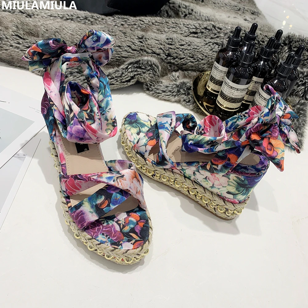 

MIULAMIULA Brand Designers 2019 Summer Camouflage Lace Up High Straw Wedges Platform Heels Big Butterfly Knot Lady Sandals Pumps