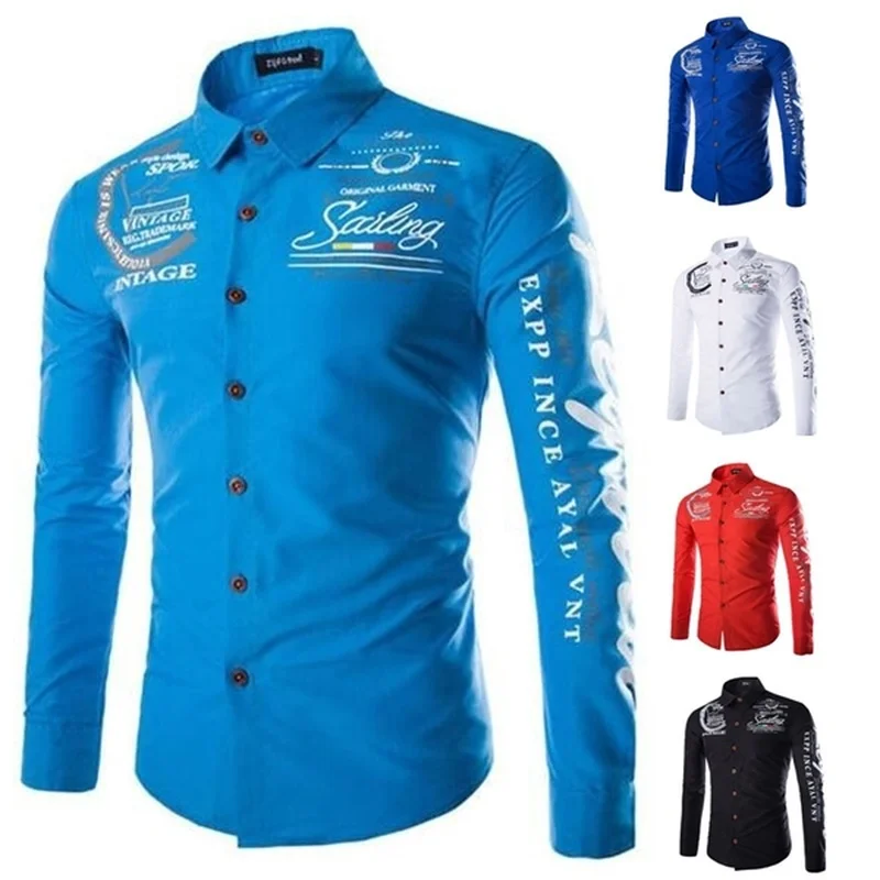 

Zogaa 2019 Geek New Men Shirt Long Sleeve Letter Printing Single Breasted Soild Smart Casual Dress Shirts Men Fashion Shirt Men