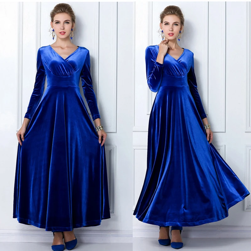 Blue velvet long sleeve cocktail dress