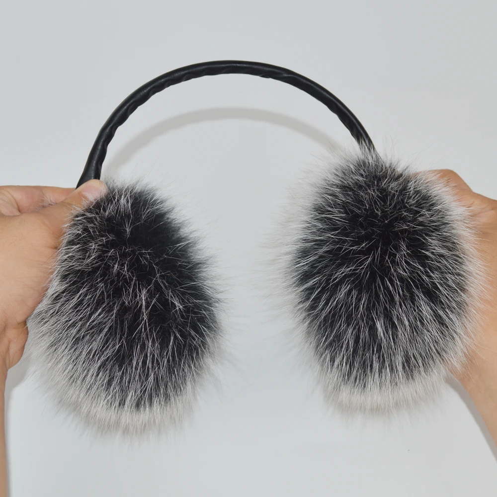 Adjustable Genuine Real Fox Fur Earmuff Women Winter Warm Big Fox Fur Plush Ear Muffs Girls Lovely Real Fox Fur Earmuffs