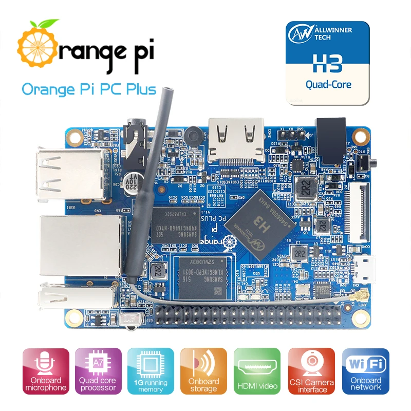 Orange Pi PC Plus RAM 1G with 8GB Emmc Flash Mini Open-Source Single Board Support 100M Ethernet Port/Wifi/Camera/Hdmi/IR/MIC |