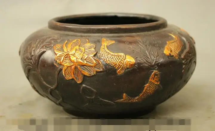 

S01755 Chinese Bronze Gilt Culture Auspicious Lotus Fish Carp Statue Bowl Pot Jug Tank (B0413)