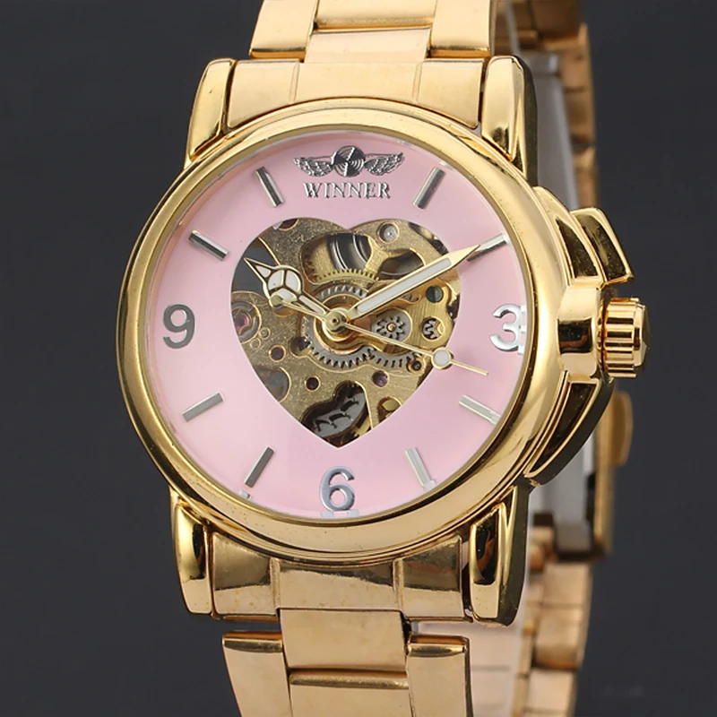 WINNER Gold Pink Stainless Steel Brand Watches Luxury Fashion Automatic Hollow Out Clock Ladies Heart Type Cute Mechanical Watch | Наручные