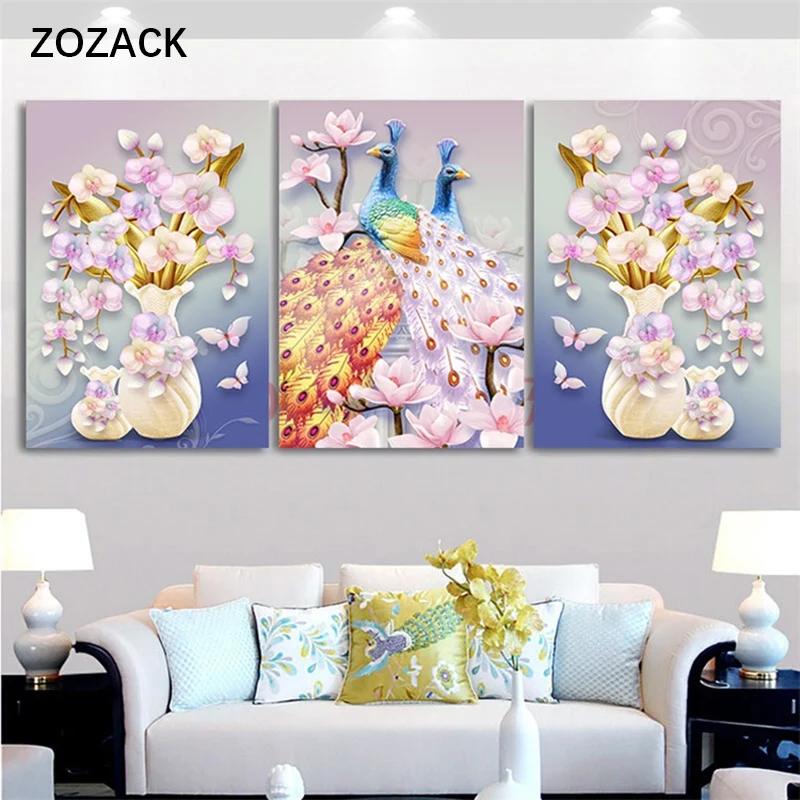 

Magnolia vase peacock triptych pattern counted printed on canvas DMC 11CT Chinese Cross Stitch kit needlework Set embroidery