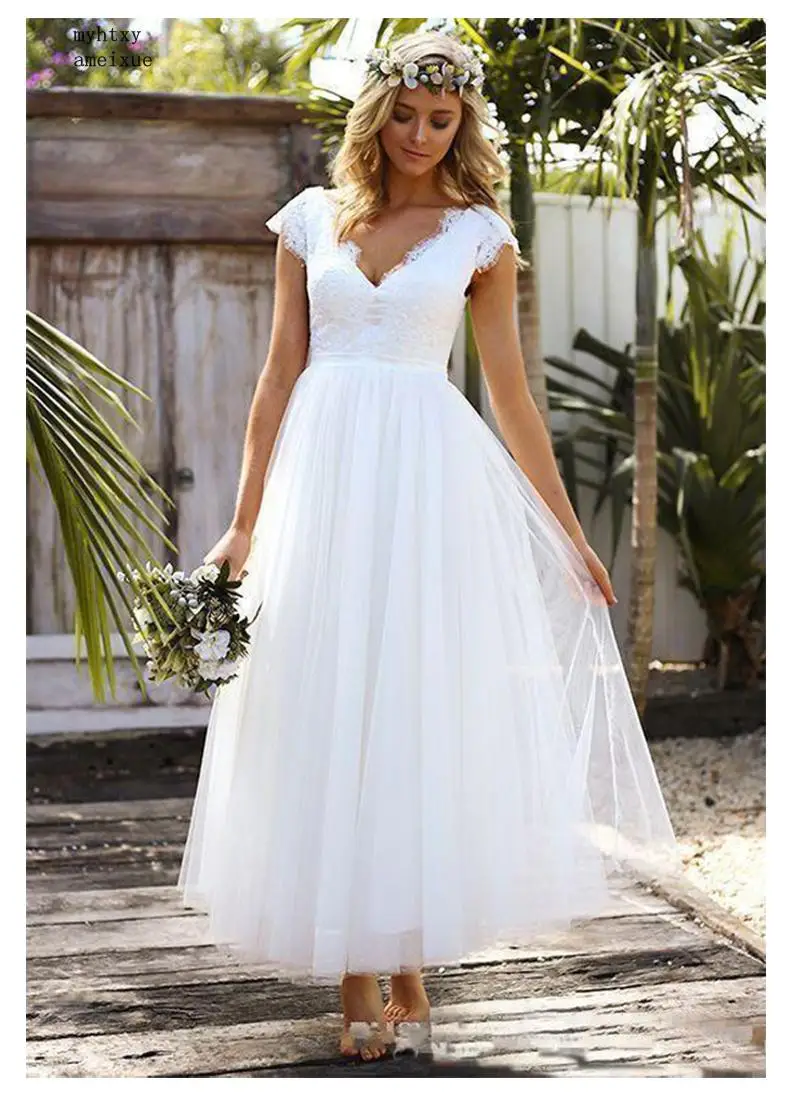 2019 Beach Lace Cheap Short Wedding Dress Tea Lenght Bride Dress