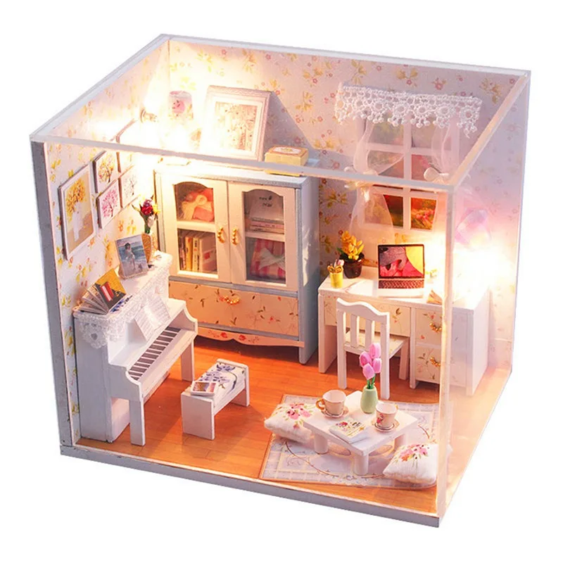 DIY Wooden Dollhouse Miniature Piano With LED Light And All Furnitures