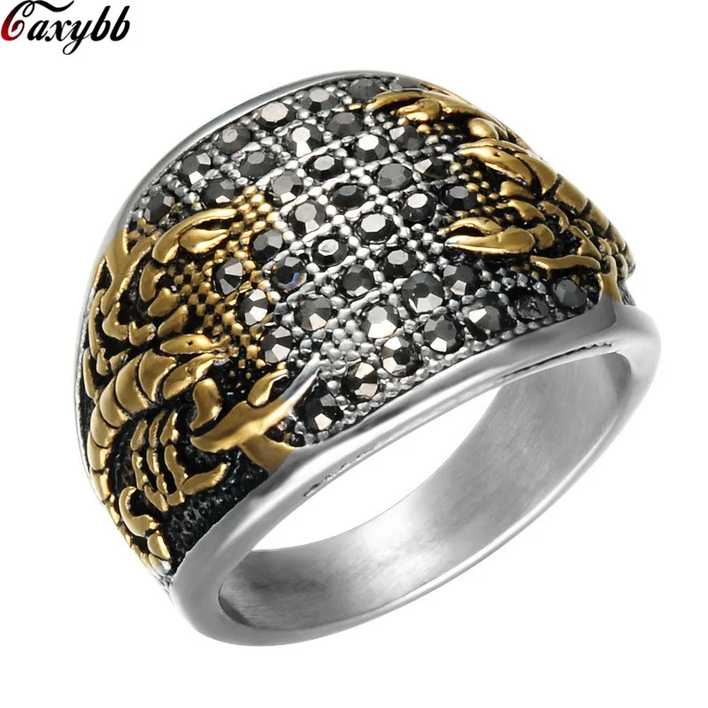 

Punk Vintage Black Crystal Scorpion Pattern Mens Ring Gold Color Round Stainless Steel Titanium Rings for Men Jewelry