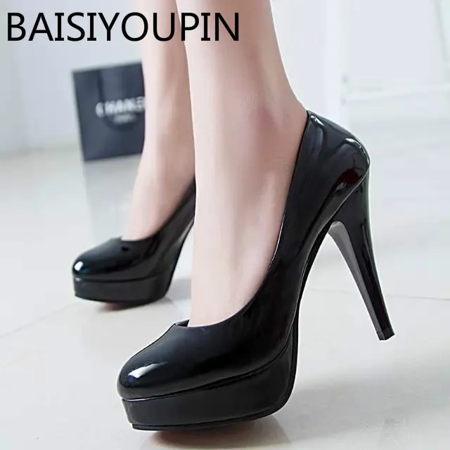 2018 Women Sexy High Heel Shoes Patent Leather Female Single Shoe Shallow Mouth Thin Heel Set Foot Work Black Red Wedding Shoes