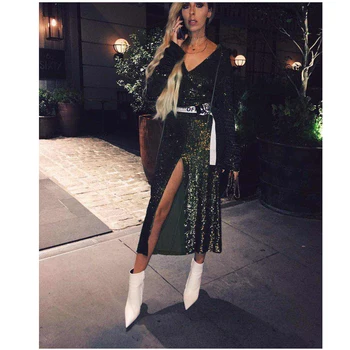 

New Style 2017 Fashion Sequined Long Dress Women Sexy Green V-Neck Long Sleeve Evening Party Dresses Formal Clubwear Vestidos